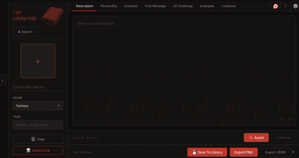 The Grimoire browser-based AI character card editor showing the lorebook editor tab