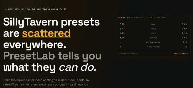 Screenshot of PresetLab interface showing scattered presets and controls.